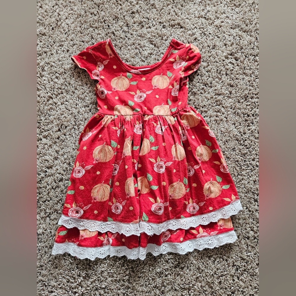Red Floral and Fruit Print Dress with Lace Trim